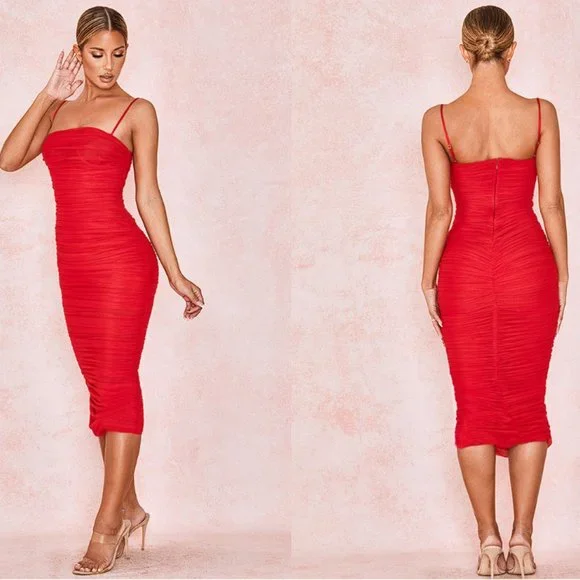 RARE HOUSE OF CB 'Sirene' Red Gathered Organza Mesh Dress NWT - Picture 4 of 11